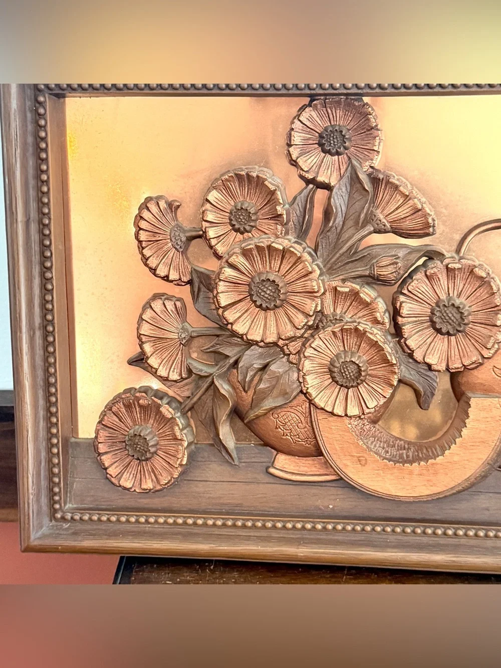 Vintage 70s Wall Hanging Teapot Daisies Coppercraft Guild 3D Faux Copper Kitchen